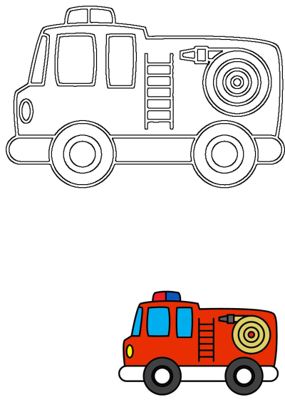 A cute fire truck drawing for children, featuring both a black and white outline and a vibrant colored version with a ladder and hose.