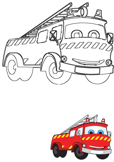 Cartoon fire truck illustration showing both a black and white outline and a vibrant red colored version with a smiling face and ladder.
