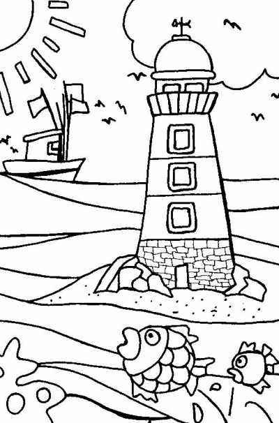 An outline drawing depicting a lighthouse on the shore, a boat with flags sailing on the sea, and two fish swimming underwater beneath a shining sun.