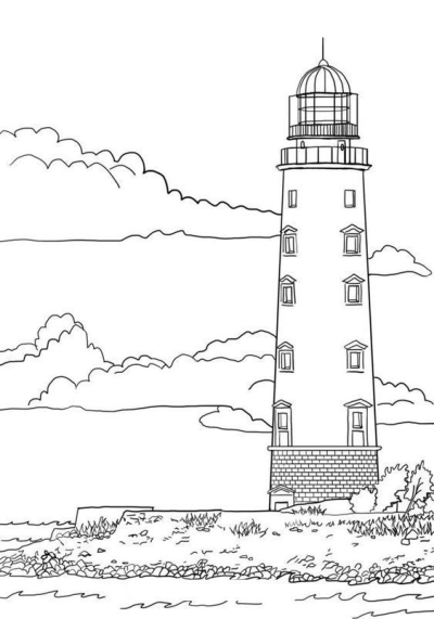 A black and white outline drawing of a tall coastal lighthouse standing on a rocky shore with the sea and sky in the background.