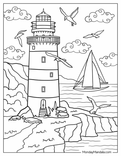 Black and white outline of a serene ocean scenery featuring a lighthouse on a rugged coast, a sailboat on the water, and seagulls flying.