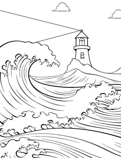Illustration of a strong lighthouse on a rocky shore, standing tall amidst large, crashing waves and stormy seas.