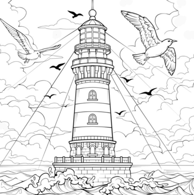 Line art illustration of a lighthouse standing tall amidst ocean waves, with several birds flying under a cloudy sky.