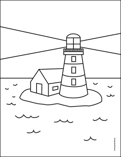 Black and white line art of a lighthouse scene, a coastal landmark with ocean waves, and a small house on an island.