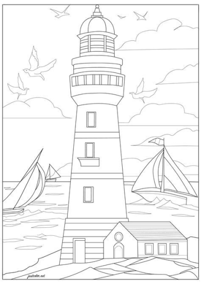 A majestic lighthouse stands proudly by the wavy sea, surrounded by graceful sailing boats and various birds flying under cloudy skies.