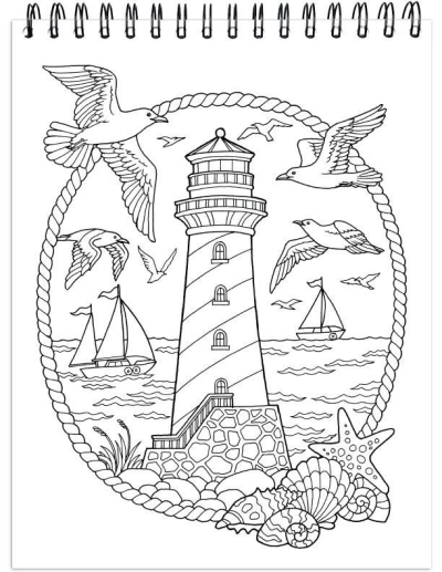 Detailed line art of a lighthouse on a rocky shore, with seagulls flying, sailing boats, and seashells on a coastal seascape.