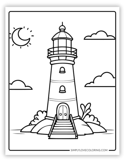 A charming line art illustration featuring a lighthouse on an island, with steps, surrounded by serene clouds and a crescent moon.