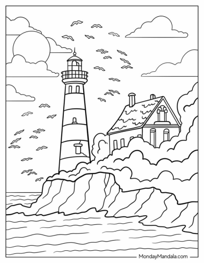 Outline drawing of a tall lighthouse and a house on a rocky cliff by the ocean, with many birds flying and clouds.