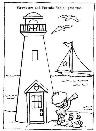 Strawberry Pupcake Lighthouse Adventure features a girl character with a telescope and her dog by a lighthouse, sailboat, and seagulls.