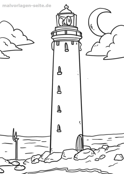 A line art drawing depicting a lighthouse on a rocky coastal scene, featuring a prominent crescent moon and clouds in the sky.
