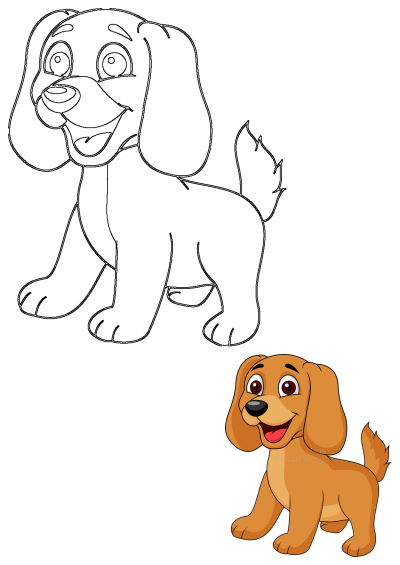 Smiling brown cartoon Labrador Retriever dog illustration. Features both a vibrant colored version and an outline for drawing.