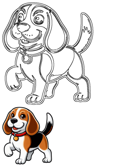 A cheerful beagle dog cartoon illustration, tricolor (brown, black, white), with a red collar and bell, depicted walking. Also includes a black outline.