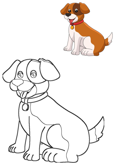 An adorable cartoon beagle vector illustration with a red collar, sitting and smiling, accompanied by its outline version for creative activities.