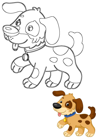 Cute Beagle Dog Cartoon Illustration featuring a happy puppy with brown spots, brown ears, a blue collar, and its black outline.