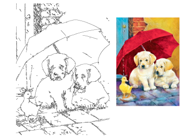 Two adorable Labrador Retriever puppies and a cute duckling shelter from the rain under a vibrant red umbrella on a cobblestone street.