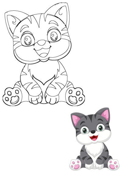 Adorable cartoon kitten portrait featuring a happy, grey striped cat with green eyes sitting, next to its black and white outline.