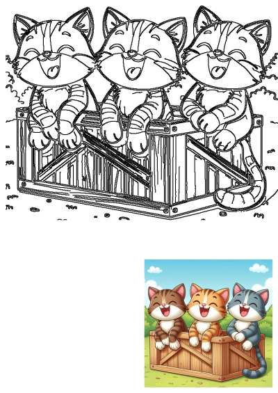 An adorable illustration of three happy cartoon cats peeking out from a rustic wooden crate, set outdoors.