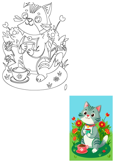 A friendly cartoon cat sips tea in a blooming garden with vibrant red flowers. Another cup rests on the grass beside it.