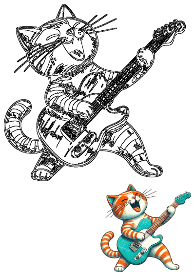 Vibrant cartoon rockstar cat with orange stripes playing a blue electric guitar in a dynamic, energetic pose.