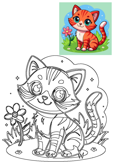 Cute cartoon cat with flower illustration, featuring a cheerful orange kitten sitting in grass next to a pink flower, also as line art.