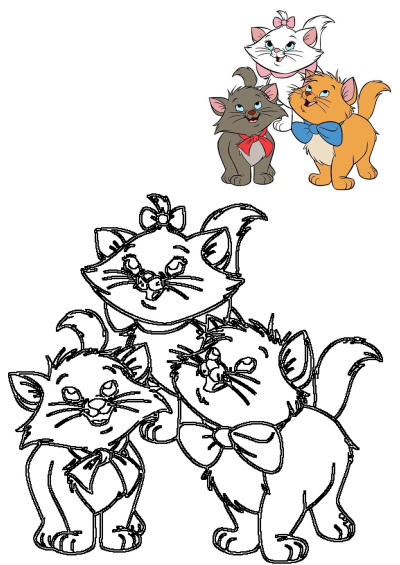The Aristocats kittens Marie, Berlioz, and Toulouse are featured in both vibrant colored and clear outline versions.