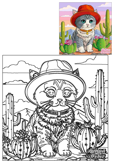 A charming cat in a red hat and collar sits in a vibrant desert scene with saguaro and flowering cacti, mountains, and a colorful sky.