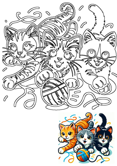 Black and white outline of three playful cats playing with a yarn ball, surrounded by scattered confetti, perfect for coloring.