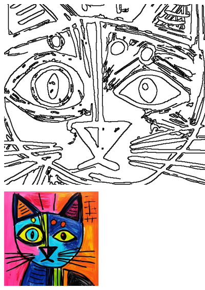 Striking black and white outline art print featuring an abstract cat's face in a unique cubist style with bold lines and geometric shapes.