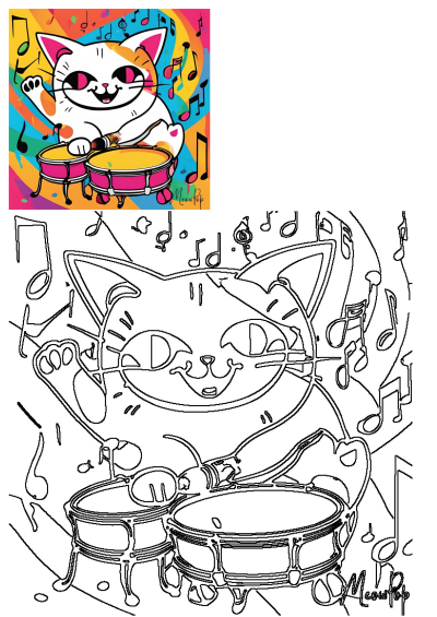 An outline drawing of a happy cat playing drums with musical notes floating around, perfect for creative expression.