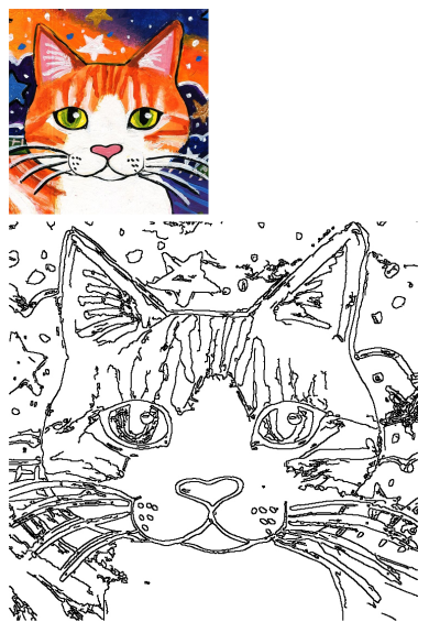 Vibrant orange and white cat artwork with piercing green eyes, set against a dark blue and orange starry, cosmic background.