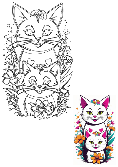 An adorable illustration of two white cats, one large and one small, wearing colorful flower crowns and surrounded by blossoms and hearts. Both outline drawing and vibrant full-color versions are shown.