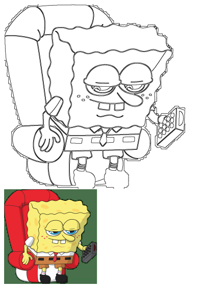 Spongebob Squarepants relaxes on a comfy red armchair, holding a remote control. He looks calm and content, enjoying leisure time.