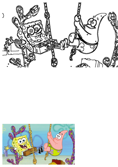 Spongebob and Patrick are joyfully swinging on a rope swing, surrounded by colorful coral and a treasure chest filled with gold.