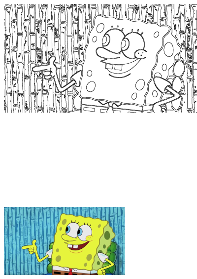 Outline of Spongebob Squarepants, smiling brightly with wide eyes, pointing his left index finger to the side.