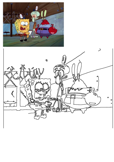 Line art featuring Spongebob, Squidward, and Mr. Krabs inside the Krusty Krab. Spongebob holds a notepad in this outline drawing.