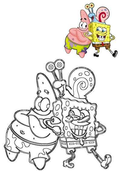 Spongebob, Patrick, and Gary, the best friends, are featured in both a colorful image and a black-and-white outline drawing.