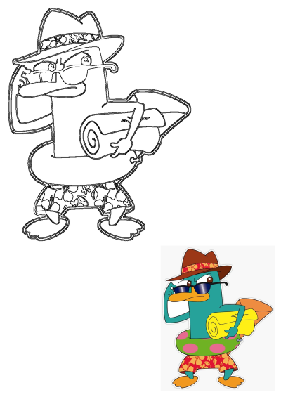 Outline drawing of Perry the Platypus, the secret agent, ready for summer in a fedora, cool sunglasses, a swim ring, and flowered shorts, holding a towel.