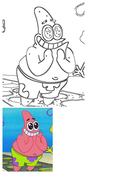 Excited Patrick Star from Spongebob, happily smiling with wide eyes and clasped hands. Features both a vibrant color and an outline version.