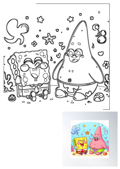 Spongebob and Patrick, happy friends, smile brightly in this cheerful line art drawing with starfish, hearts, and bubbles in an underwater setting.
