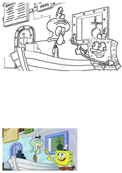 Spongebob Squarepants gives a cheerful thumbs-up at the Krusty Krab serving window, with Squidward Tentacles at the counter in this line drawing.