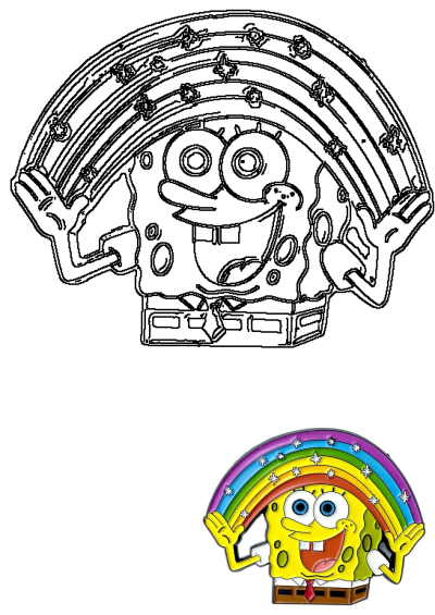 A cheerful Spongebob Squarepants with hands raised embracing a vibrant rainbow adorned with stars. Shown as a black outline and a colorful enamel pin.