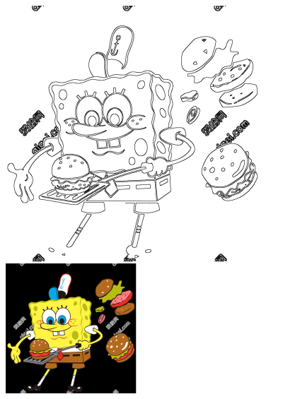 Spongebob Squarepants, wearing a chef hat, happily cooks Krabby Patties on a grill, holding one with a spatula. Burger ingredients are also shown.