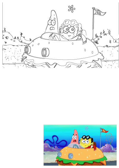 Spongebob and Patrick on a thrilling boatmobile adventure, driving their Krabby Patty vehicle underwater with goggles and a surprised expression.