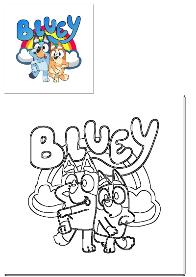 Bluey and Bingo cartoon characters from the show standing together in front of a vibrant rainbow and clouds with the BLUEY logo.