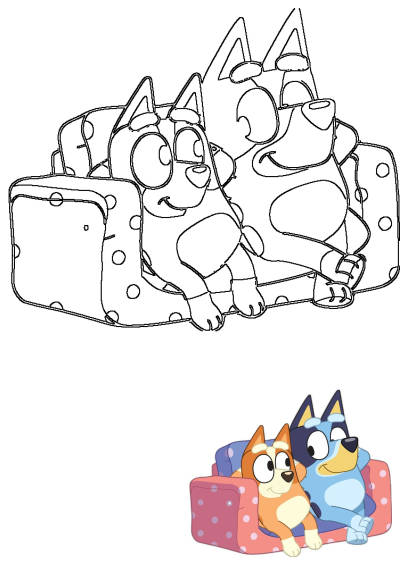 Bluey and Bingo, the beloved cartoon dogs, are seen cuddling together on a cozy couch, presented as a colored image and an outline.