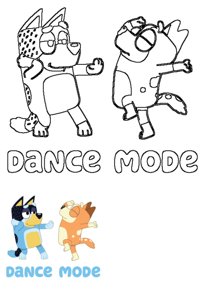 Bluey Bingo Dance Mode shows the beloved characters Bluey and Bingo in energetic dance poses, presented as both outlines and full-color illustrations.