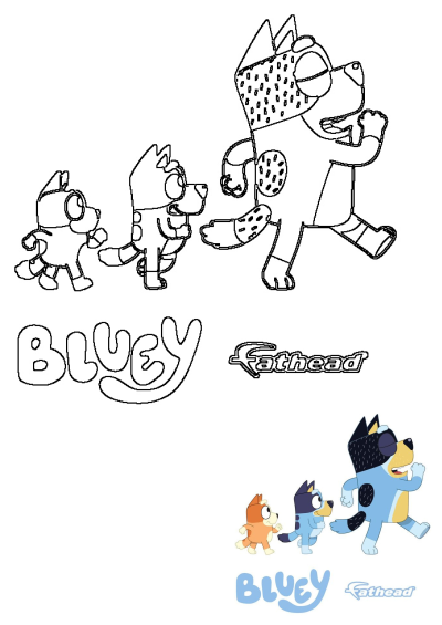 Bluey, Bingo, and Bandit (Dad) walking in both outline and colored cartoon illustrations. Features Bluey and Fathead logos.