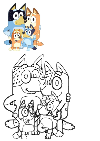 A colorful image of the Bluey family (Bluey, Bingo, Bandit, Chilli) in a group hug, alongside a black and white outline version for coloring.