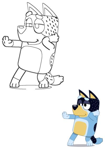 Bluey in her iconic side eye walking pose, shown both as a black and white outline and a vibrant full-color illustration.
