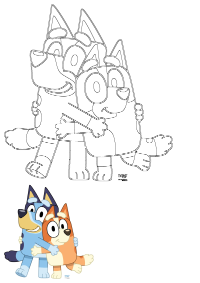 Bluey and Bingo share a loving hug in a colorful illustration, with a black and white outline for creative coloring.